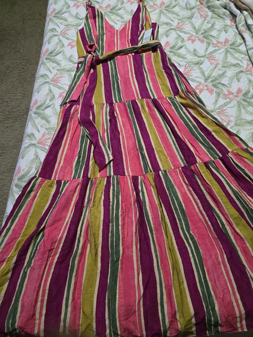 Taylor Pink, Green & Yellow Striped Tiered Maxi Dress with Waist Tie - Picture 4 of 12